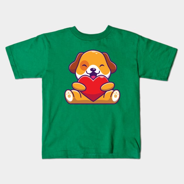 Cute Dog Holding Heart Cartoon Kids T-Shirt by Catalyst Labs